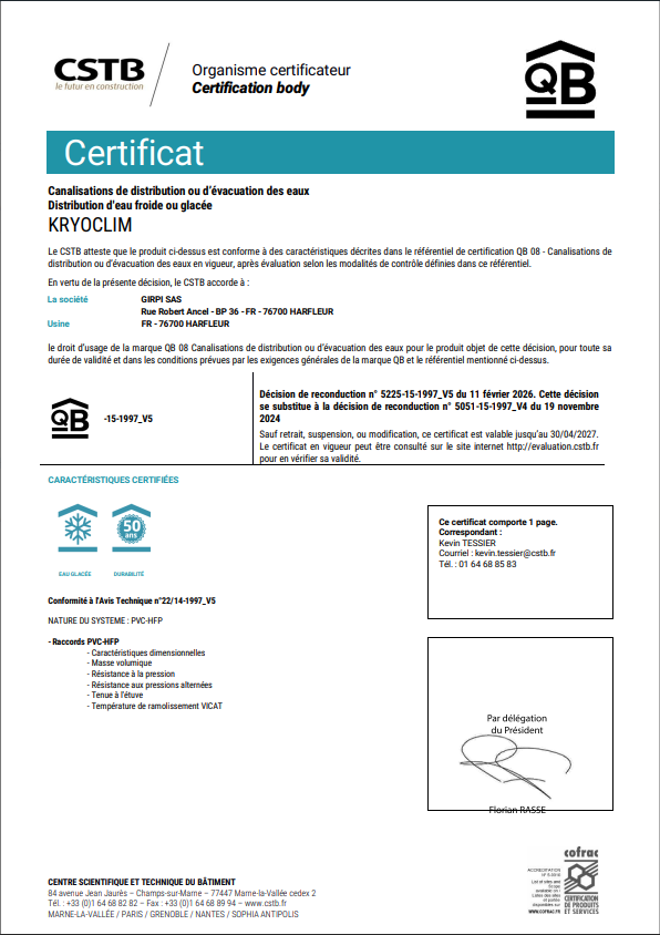 Certificat QB 08 -GIRPI SAS- KRYOCLIM- HARFLEUR